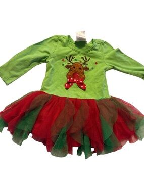 Bonnie Baby Green & Red Reindeer Tutu Dress